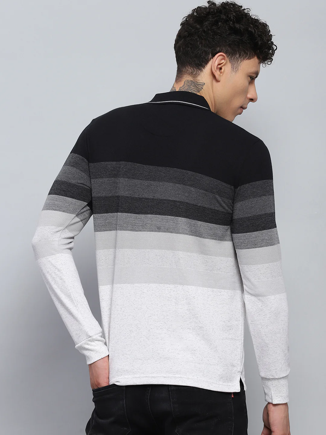 Men Black Stripe Collar Full Sleeve Winter T-Shirt - Image 5