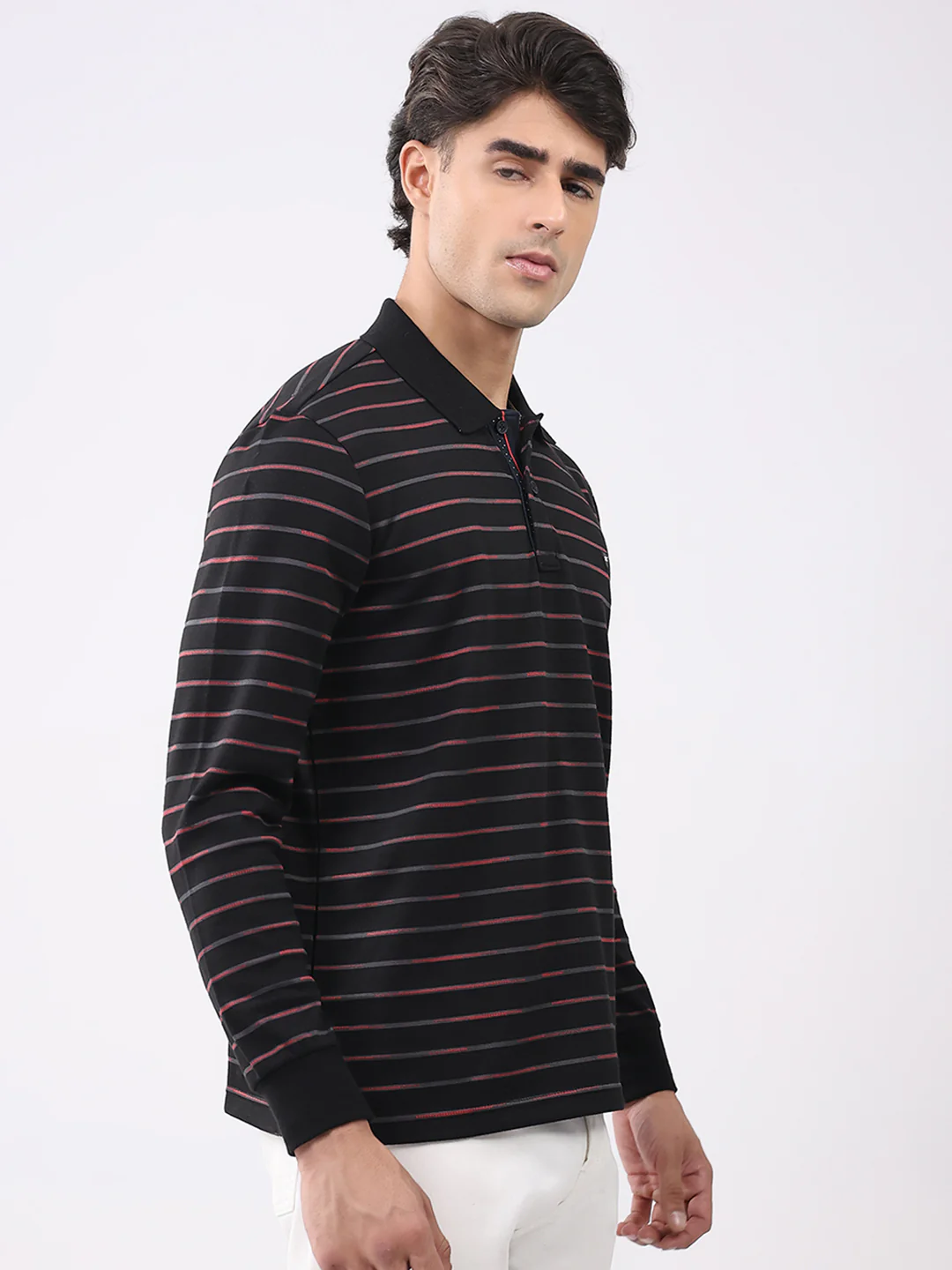 Men Black Stripe Collar Full Sleeve Winter T-Shirt - Image 4