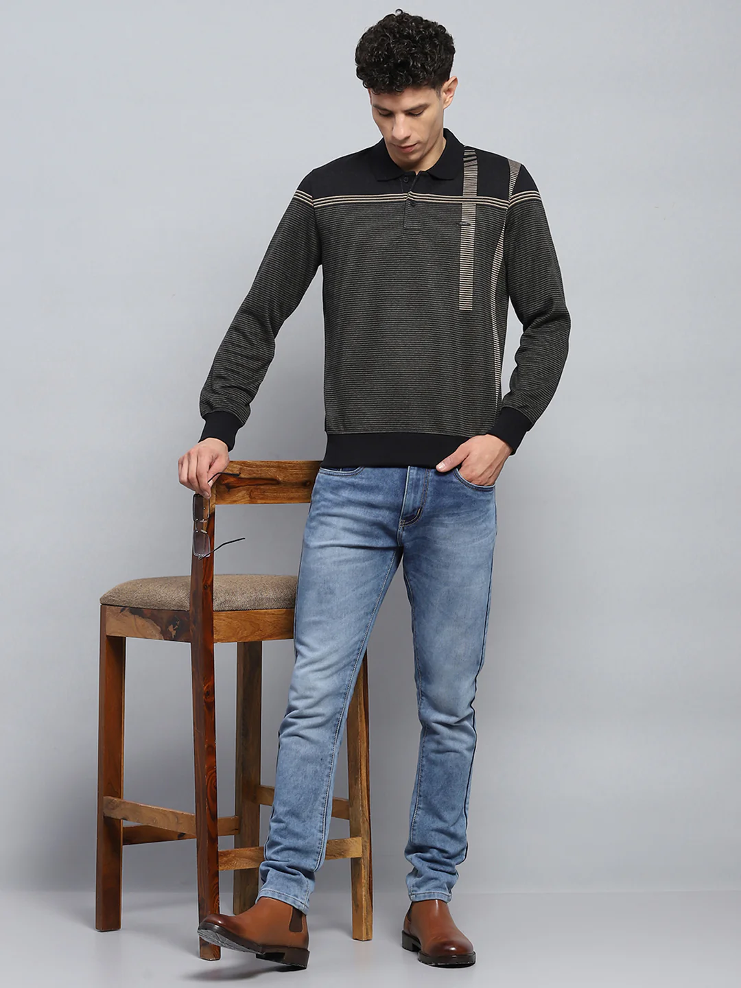 Men Black Stripe Collar Full Sleeve Winter T-Shirt - Image 2