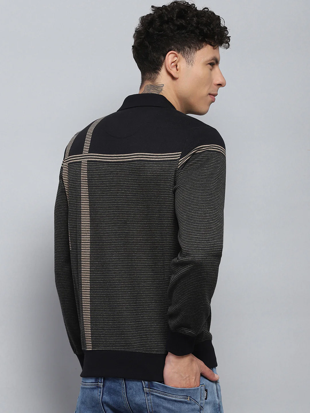 Men Black Stripe Collar Full Sleeve Winter T-Shirt - Image 5