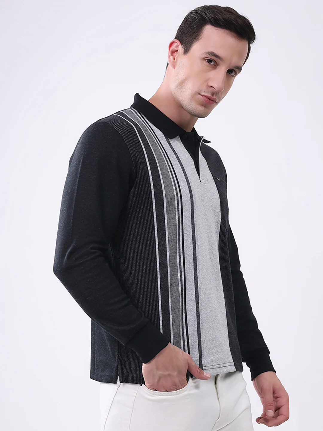 Men Black Stripe Collar Full Sleeve Winter T-Shirt - Image 4