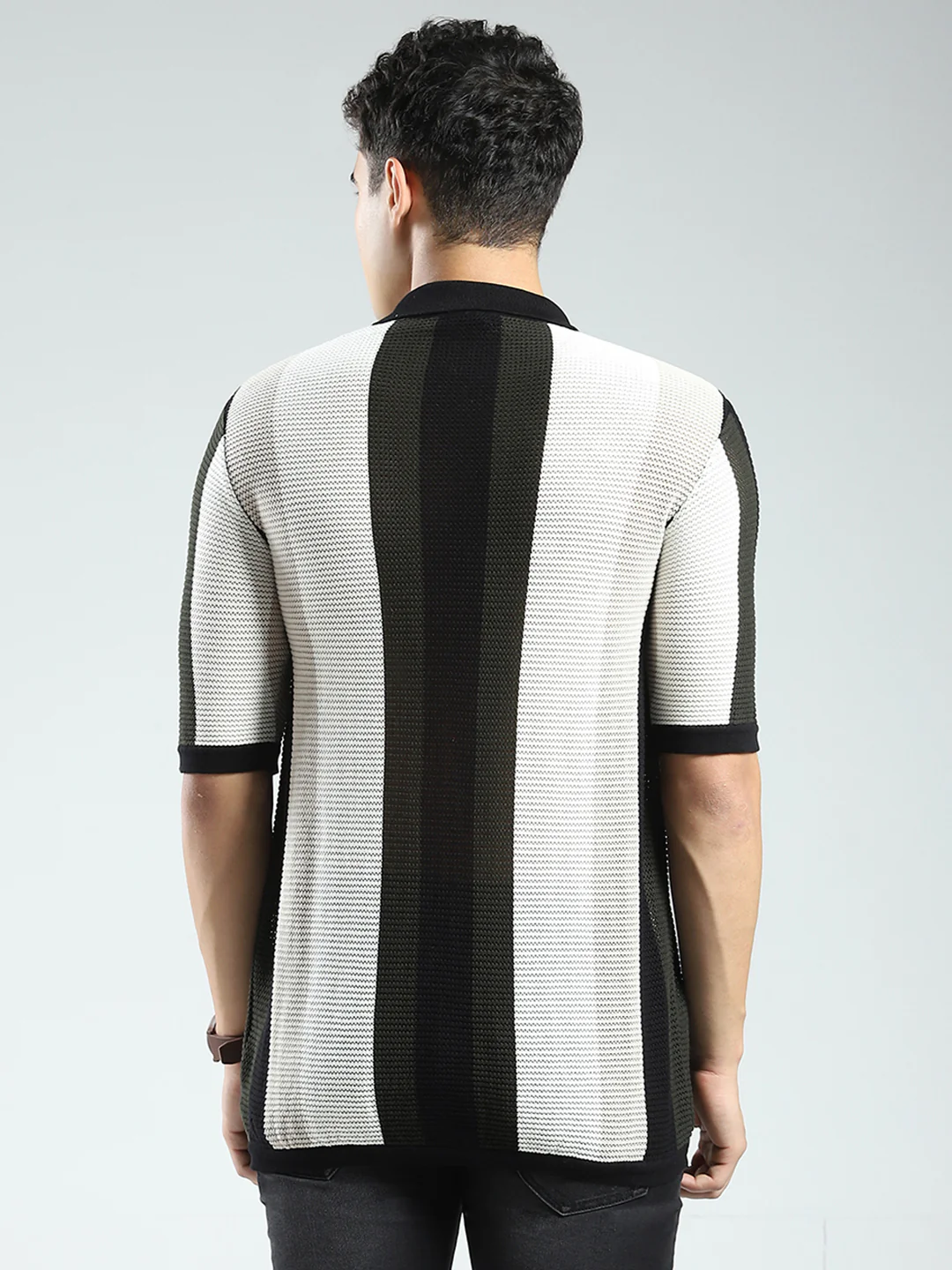 Rock.it Men Black Stripe Collar Half Sleeve Shirt - Image 5