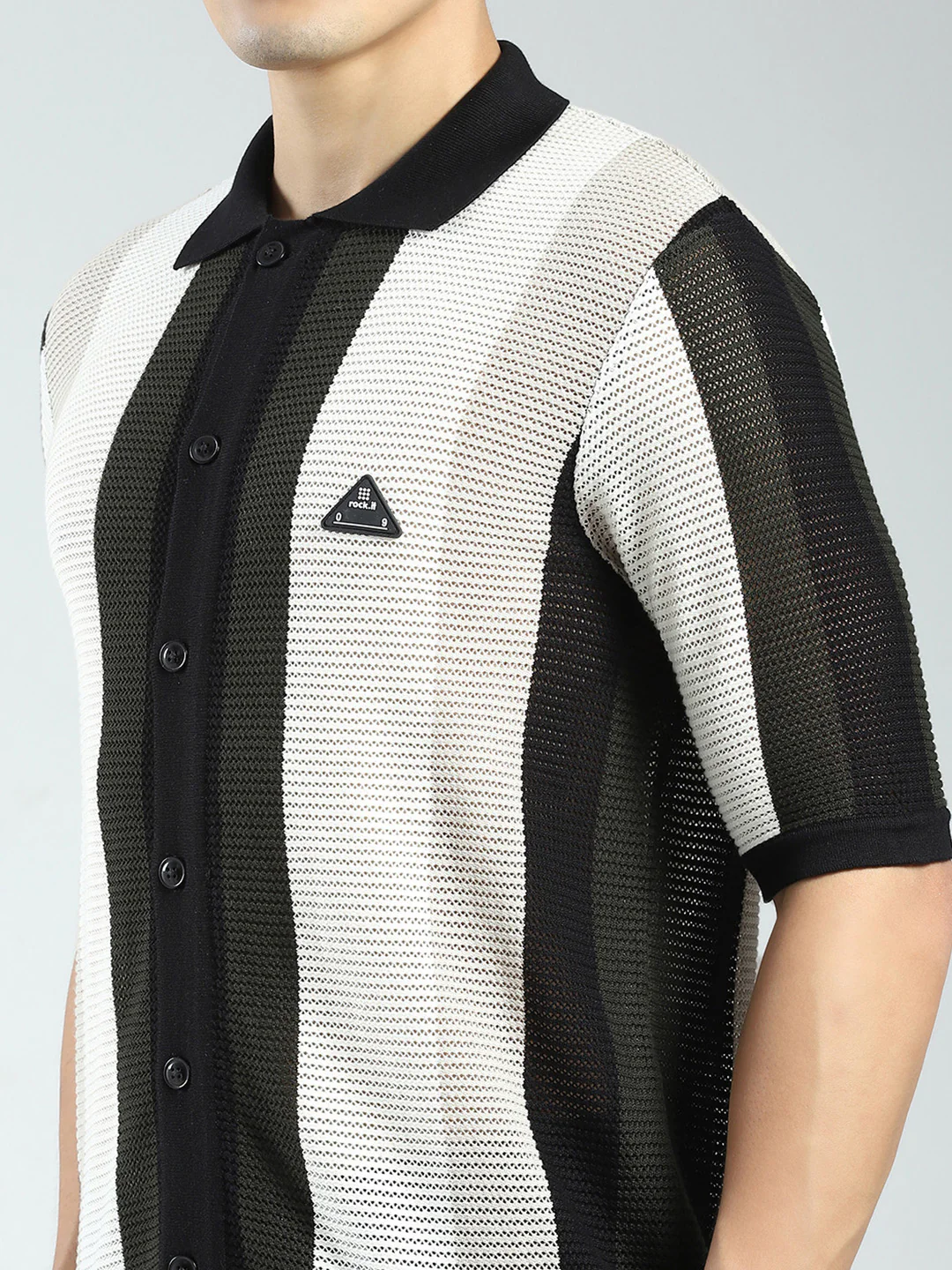 Rock.it Men Black Stripe Collar Half Sleeve Shirt - Image 7