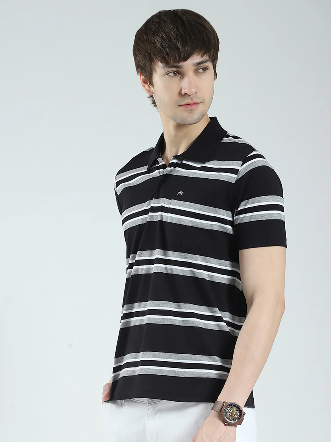 Men Black Stripe Collar Half Sleeve T-Shirt - Image 3