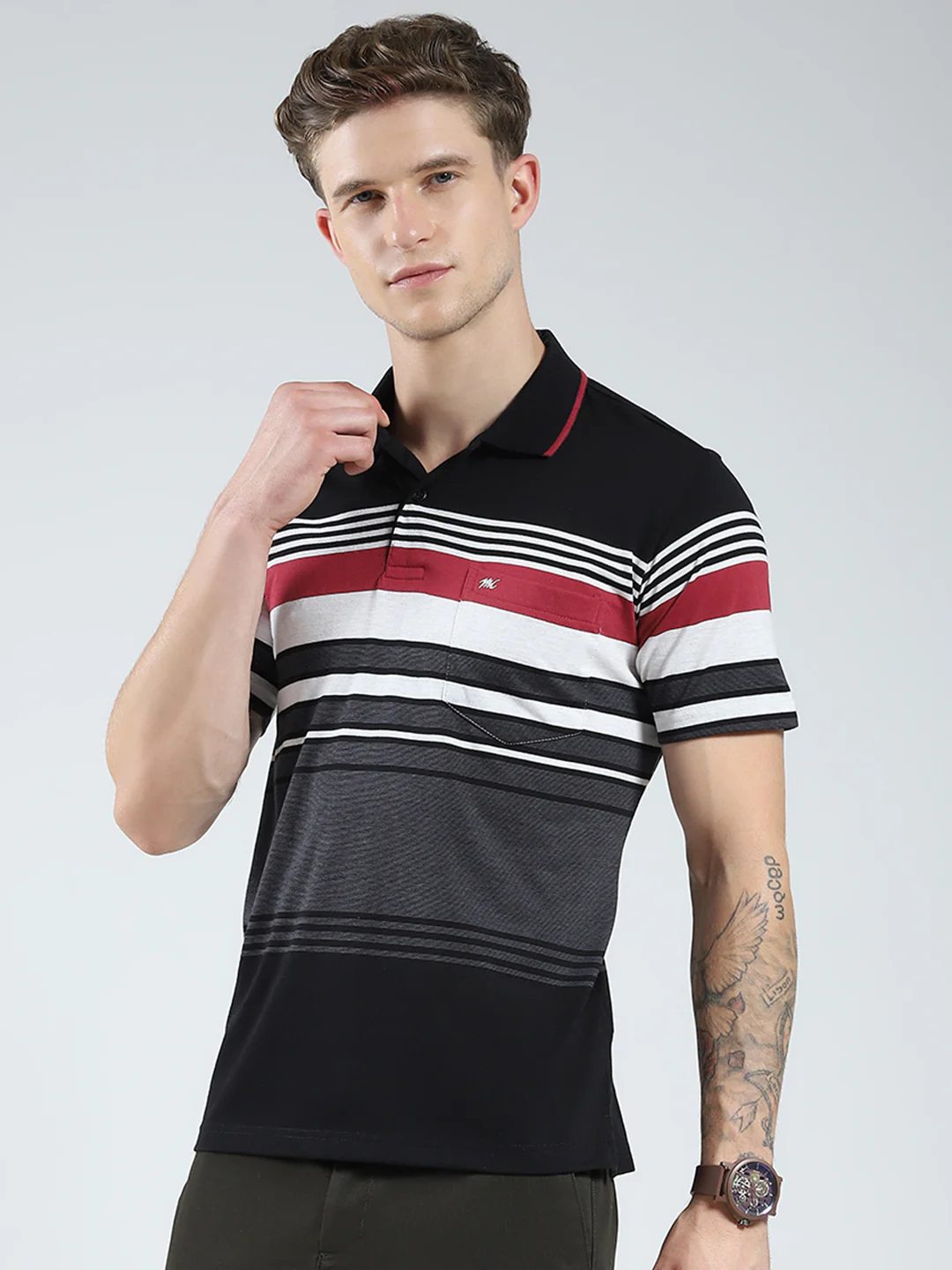 Men Black Stripe Collar Half Sleeve T-Shirt - Image 3