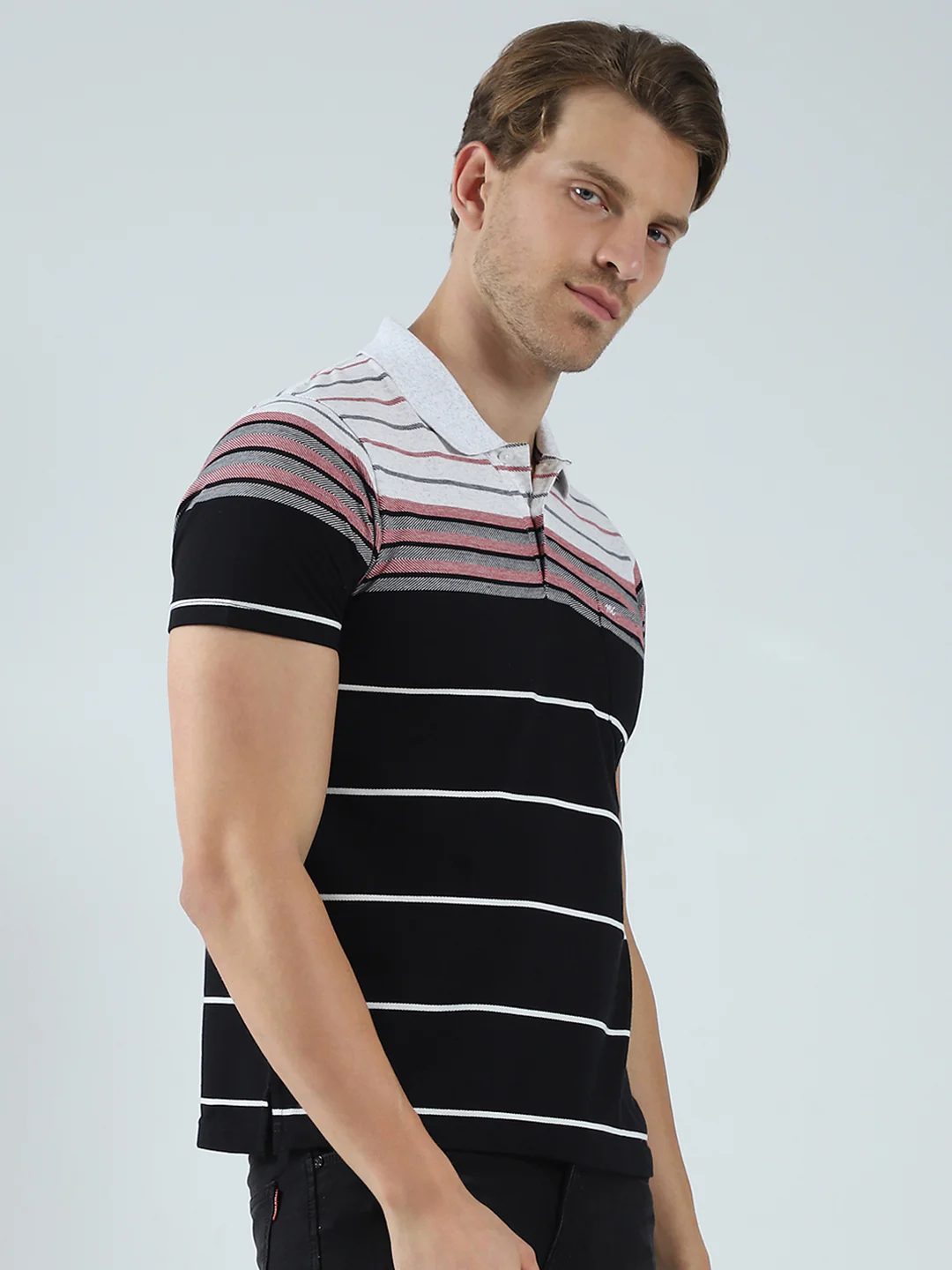 Men Black Stripe Collar Half Sleeve T-Shirt - Image 4