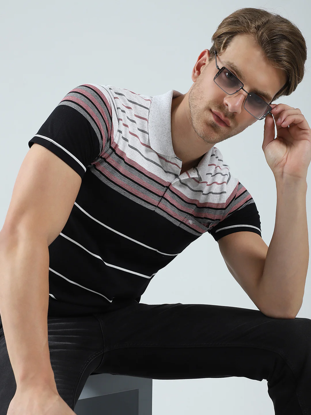 Men Black Stripe Collar Half Sleeve T-Shirt - Image 6