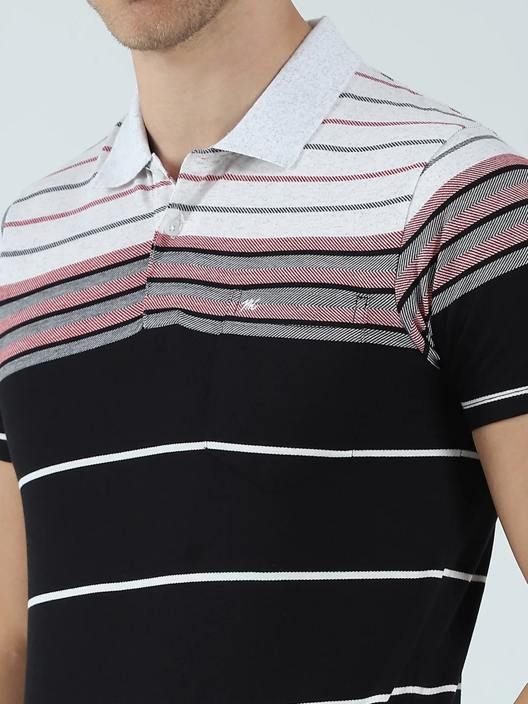 Men Black Stripe Collar Half Sleeve T-Shirt - Image 7