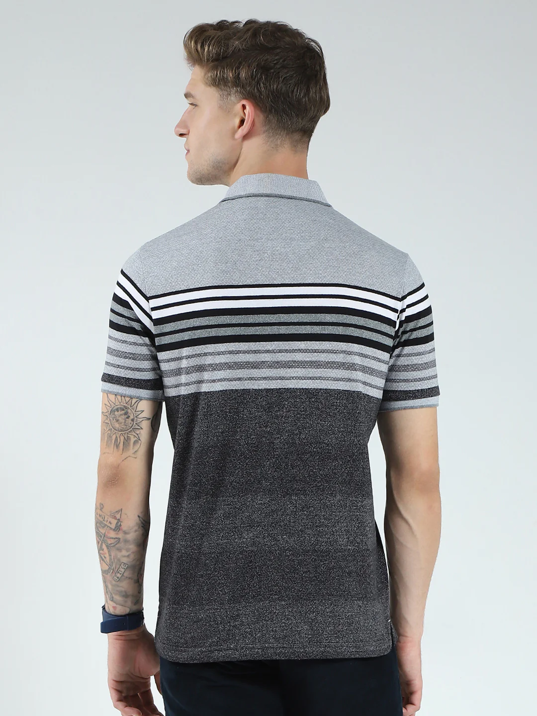 Men Black Stripe Collar Half Sleeve T-Shirt - Image 5