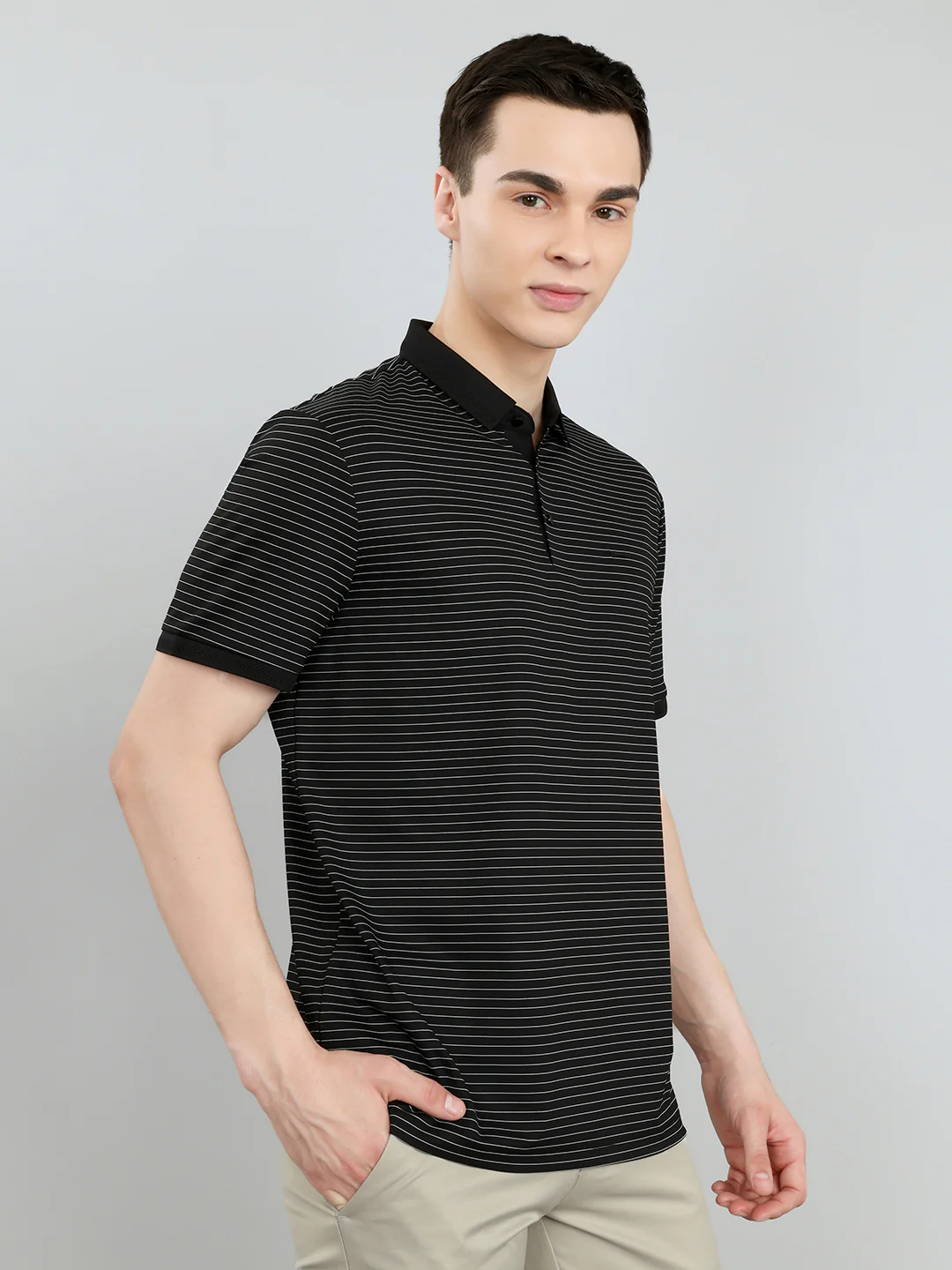 Men Black Stripe Collar Half Sleeve T-Shirt - Image 3
