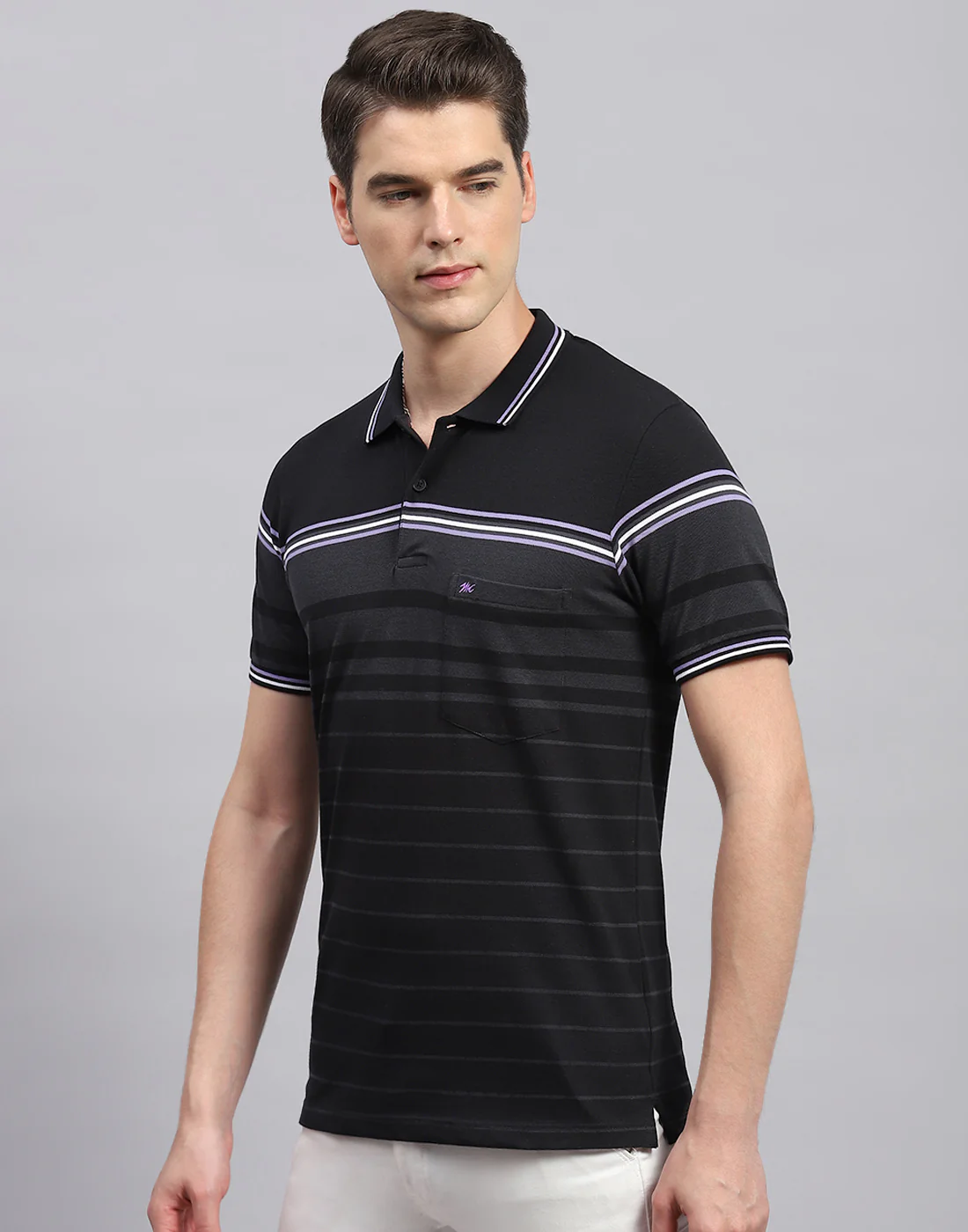 Men Black Stripe Collar Neck Half Sleeve T-Shirt - Image 3