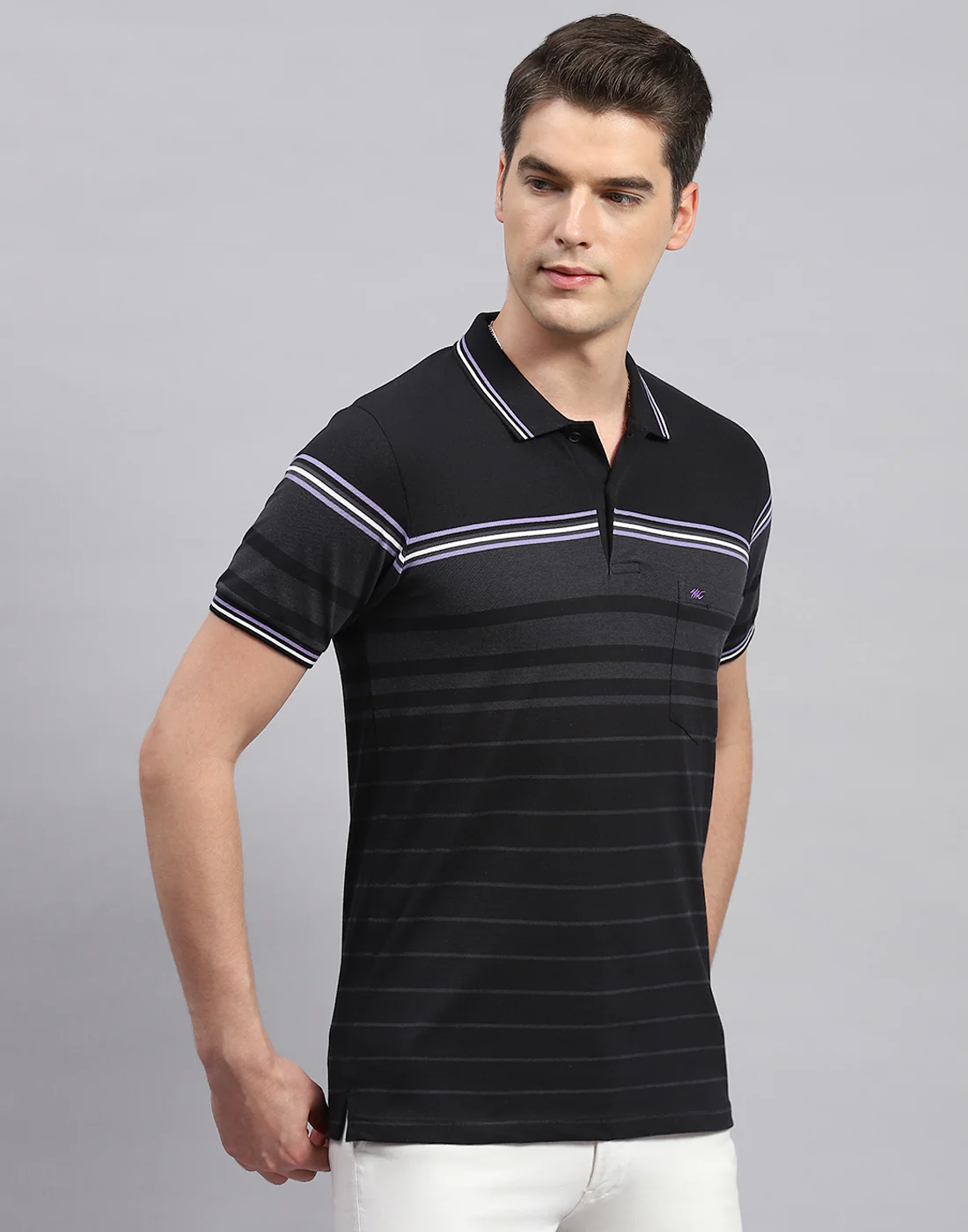 Men Black Stripe Collar Neck Half Sleeve T-Shirt - Image 4