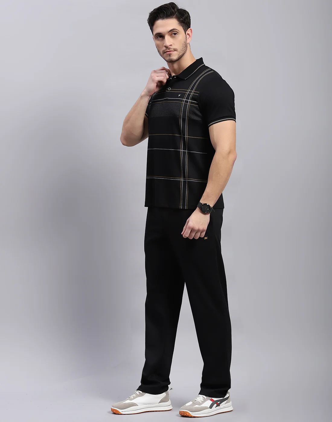 Men Black Stripe Polo Collar Half Sleeve Lower Set - Image 3