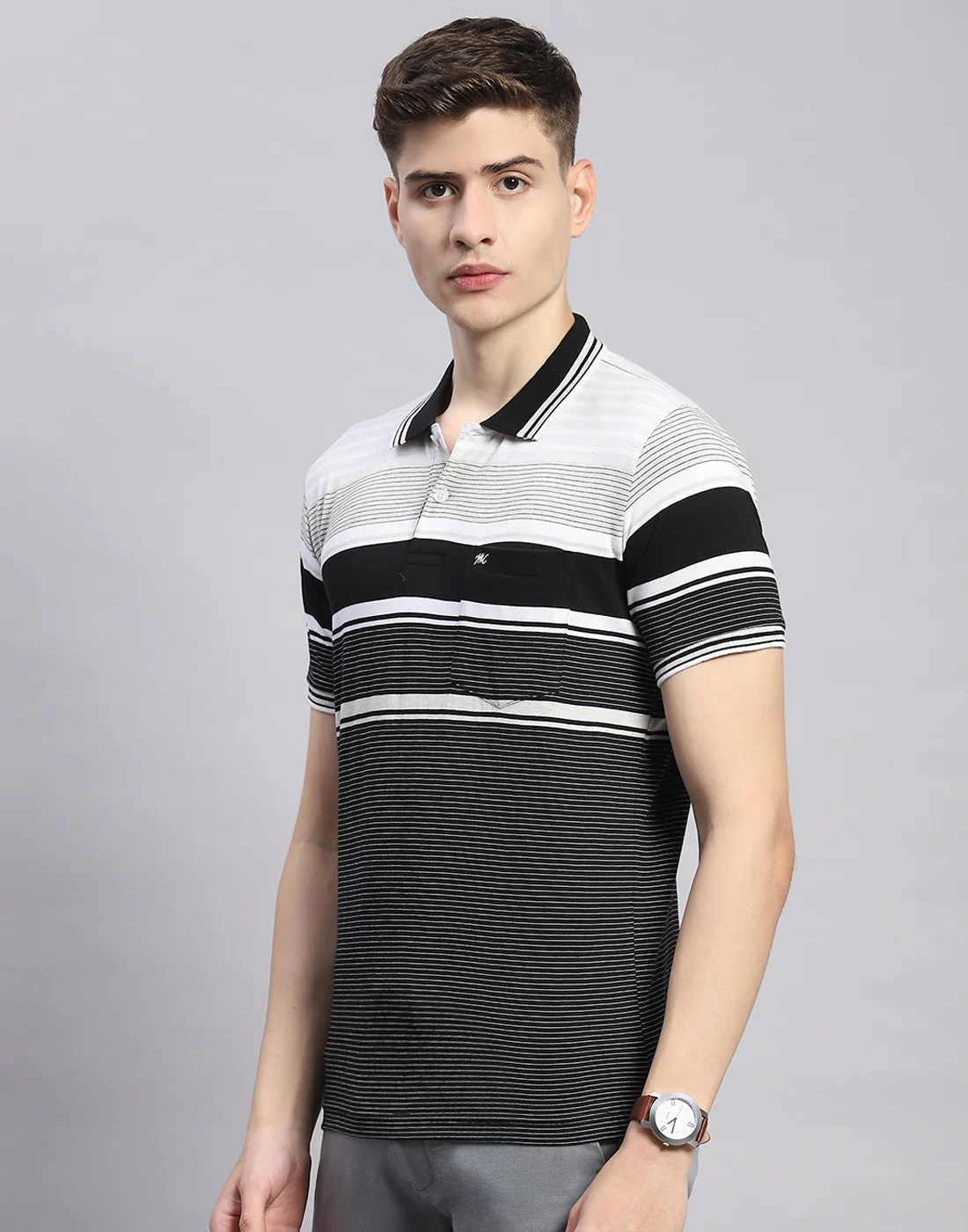 Men Black Stripe Polo Collar Half Sleeve T-Shirt - Image 3