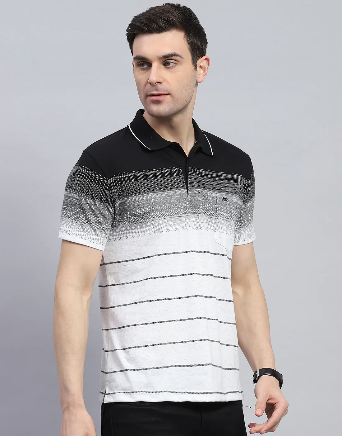 Men Black Stripe Polo Collar Half Sleeve T-Shirt - Image 5