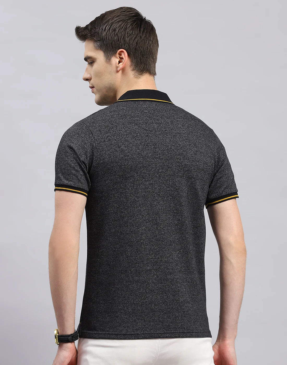 Men Black Stripe Polo Collar Half Sleeve T-Shirt - Image 5