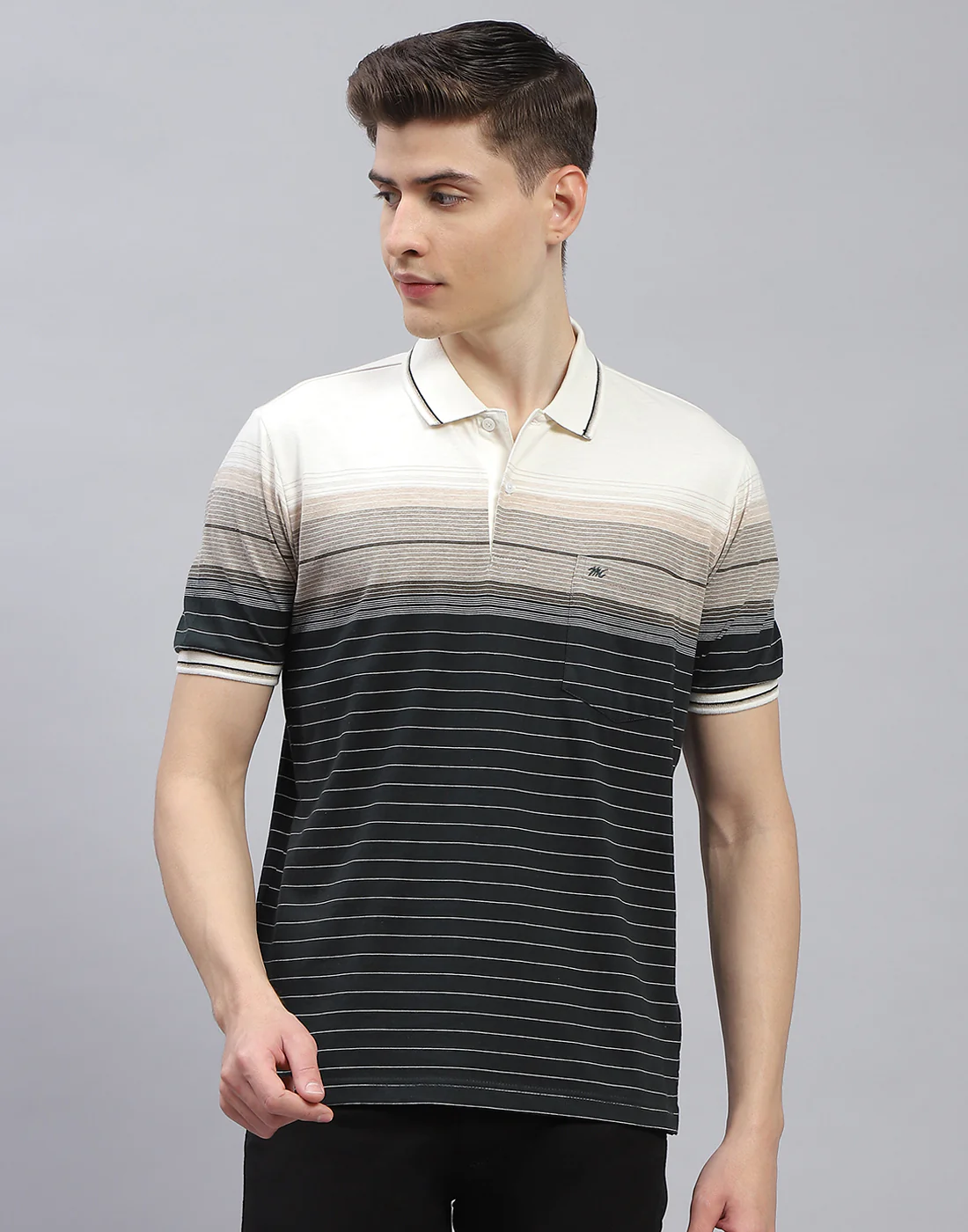 Men Black Stripe Polo Collar Half Sleeve T-Shirt - Image 3