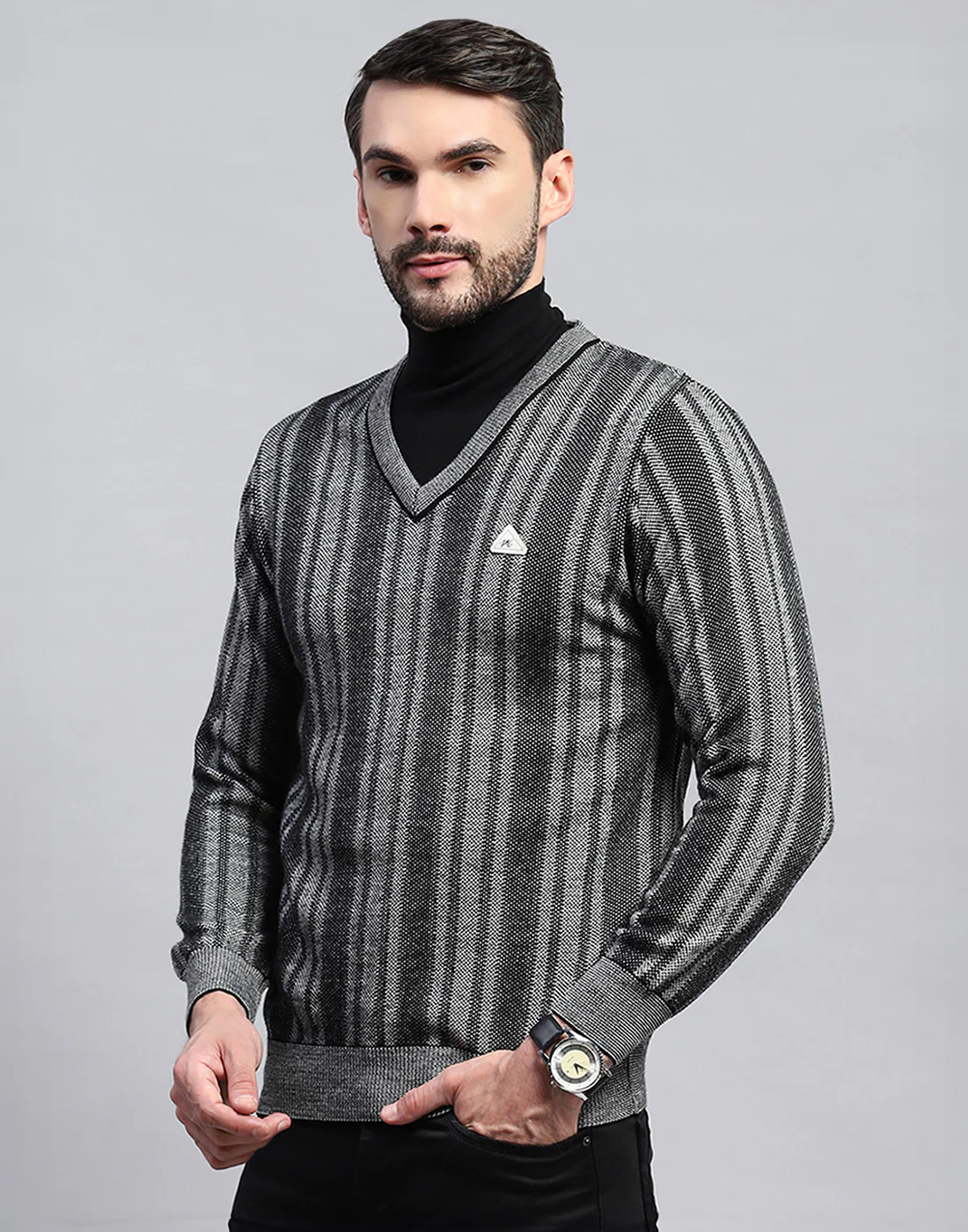 Men Black Stripe V Neck Full Sleeve Pullover - Image 3