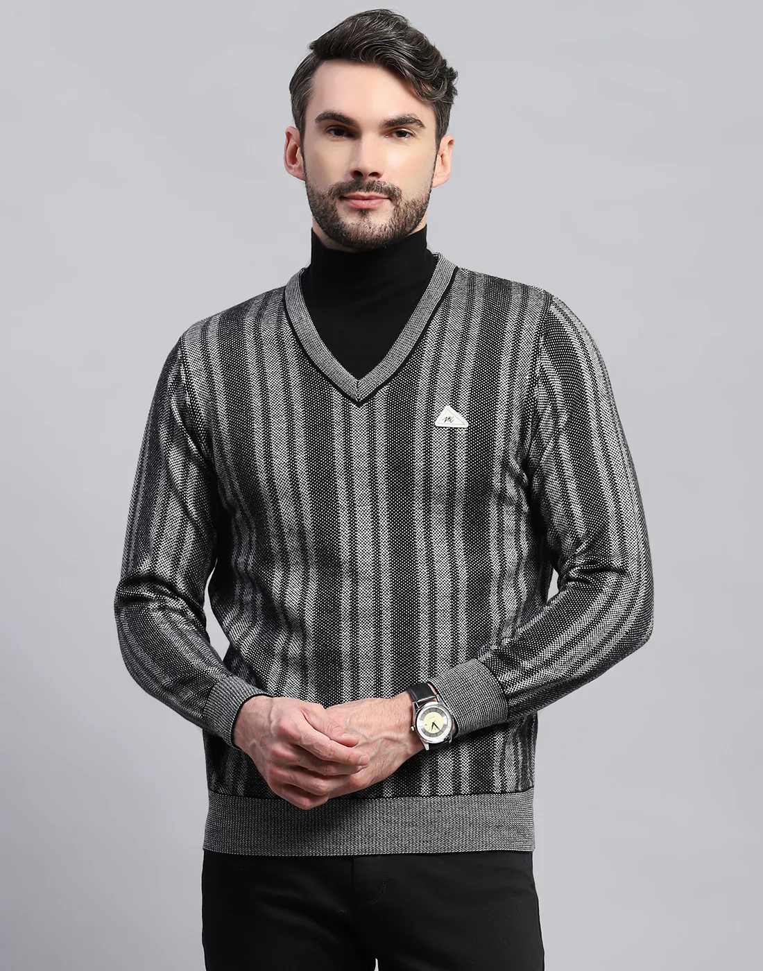 Men Black Stripe V Neck Full Sleeve Pullover - Image 4