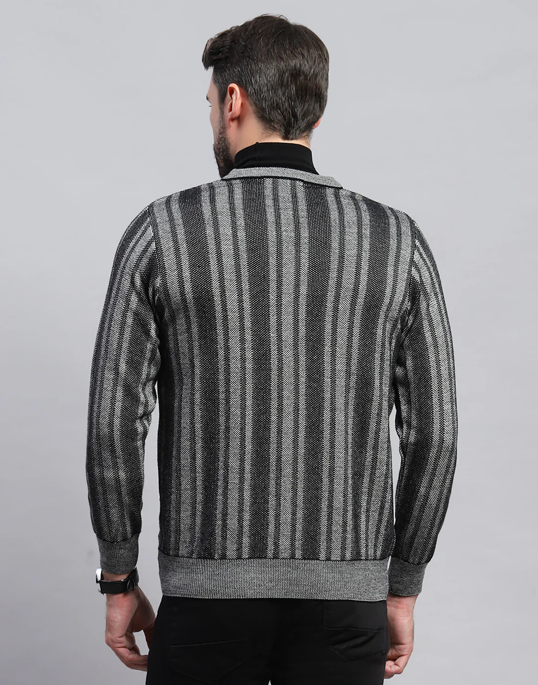 Men Black Stripe V Neck Full Sleeve Pullover - Image 5