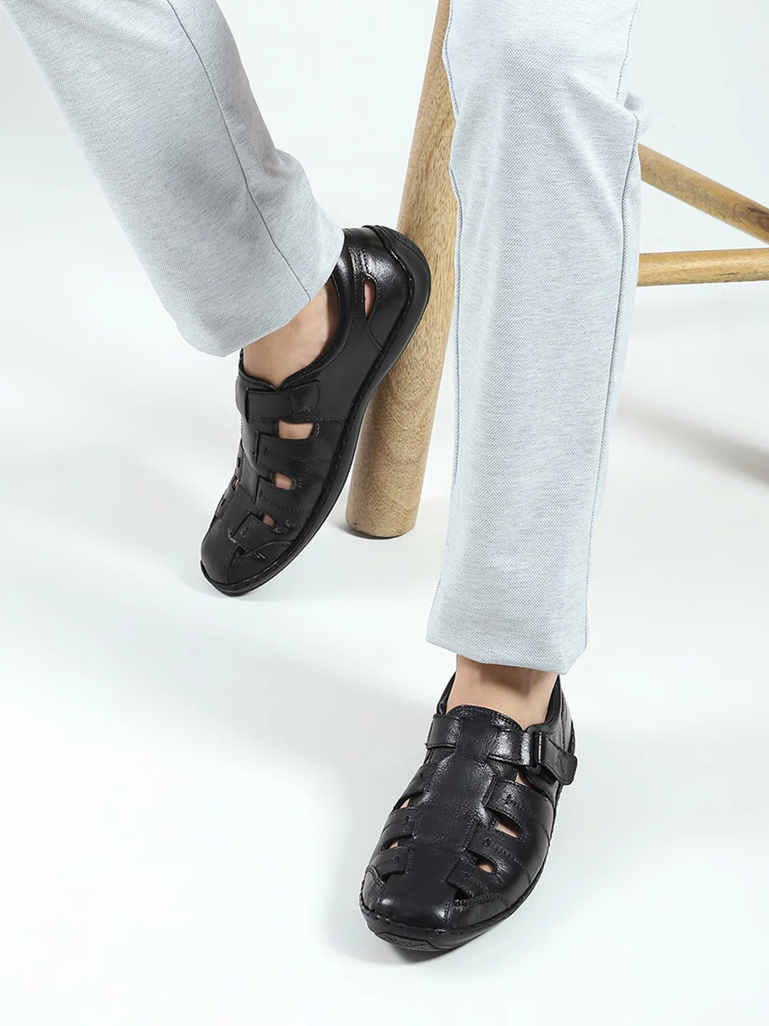 Men Black Velcro Leather Sandals - Image 3