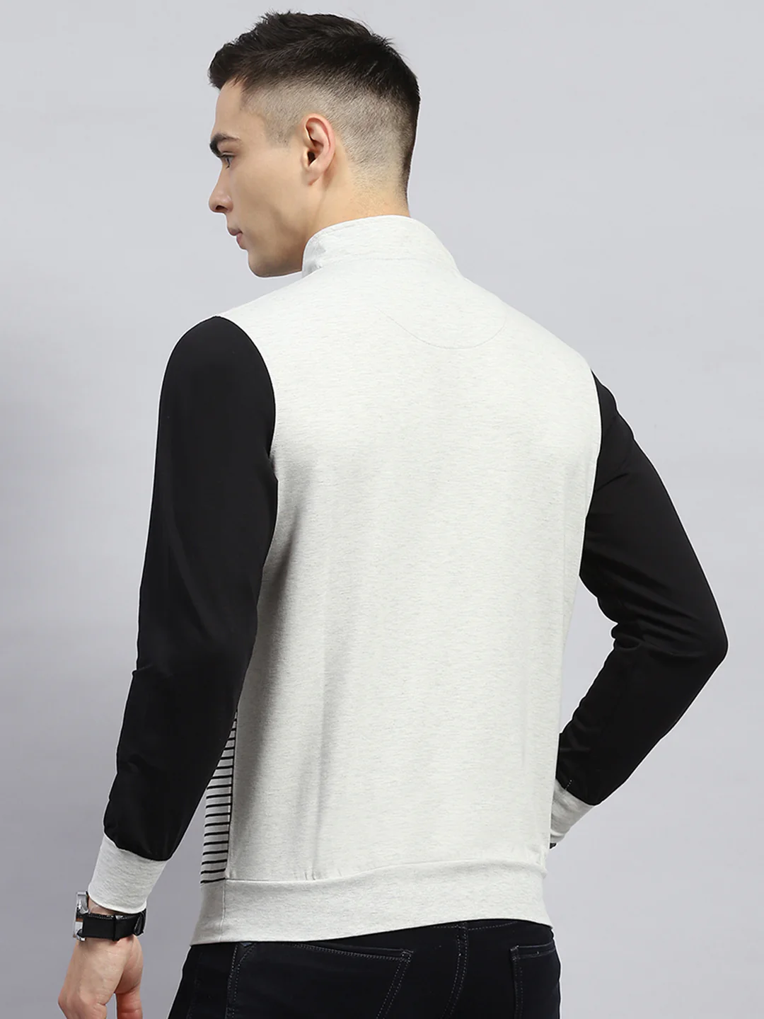 Men Black & White Printed Mock Neck Full Sleeve Winter T-Shirt - Image 5