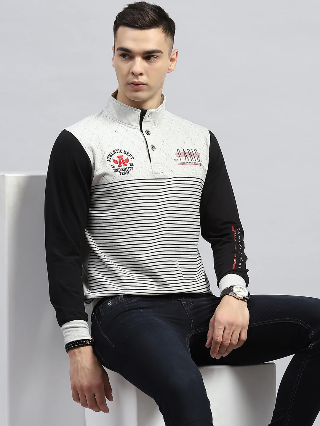Men Black & White Printed Mock Neck Full Sleeve Winter T-Shirt - Image 6