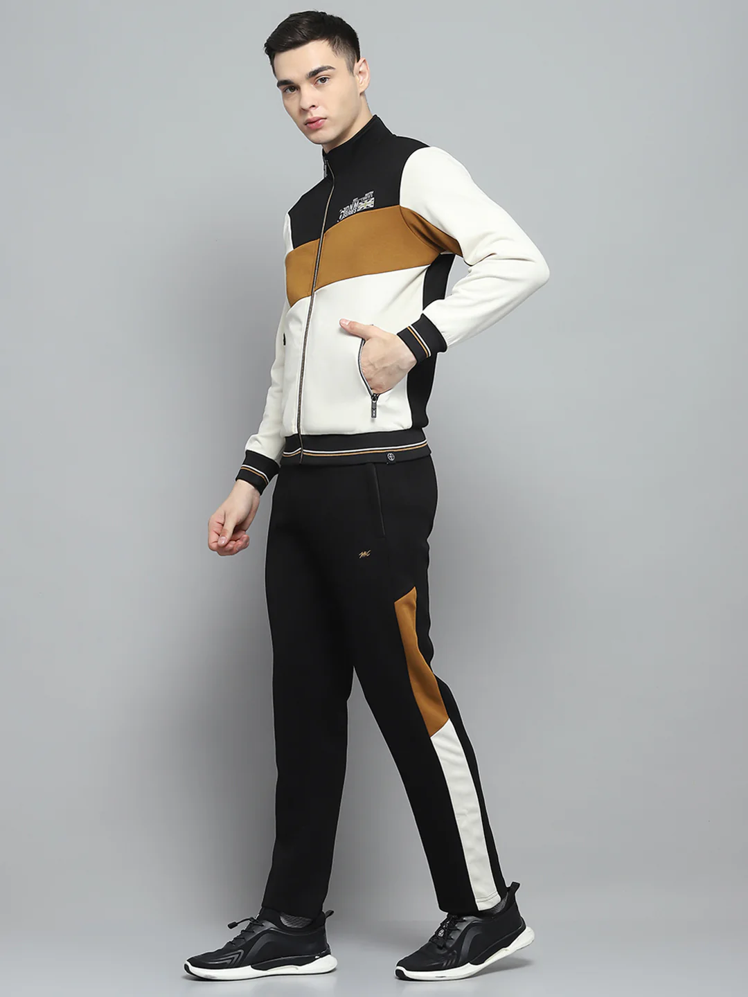 Men Black & White Printed Mock Neck Full Sleeve Winter Tracksuit - Image 3