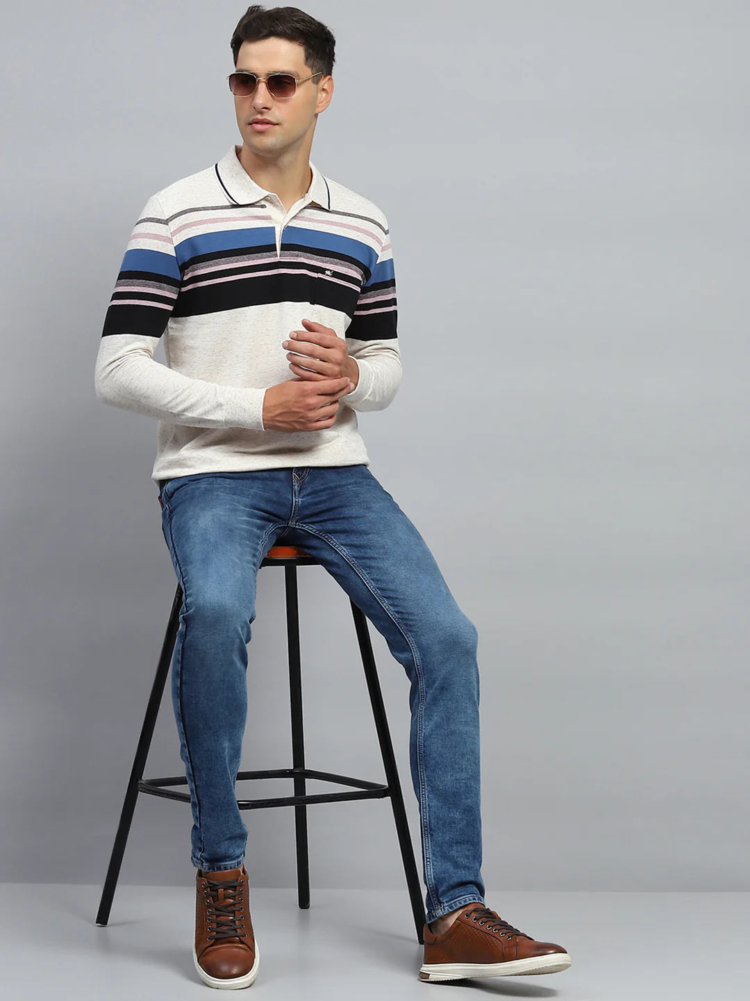 Men Black & White Stripe Collar Full Sleeve Winter T-Shirt - Image 2