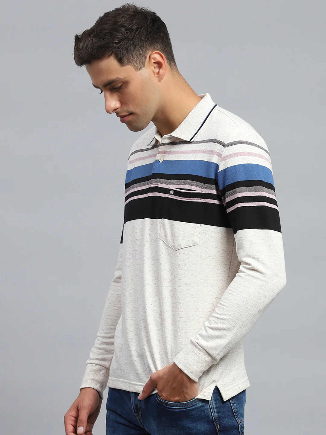 Men Black & White Stripe Collar Full Sleeve Winter T-Shirt - Image 3