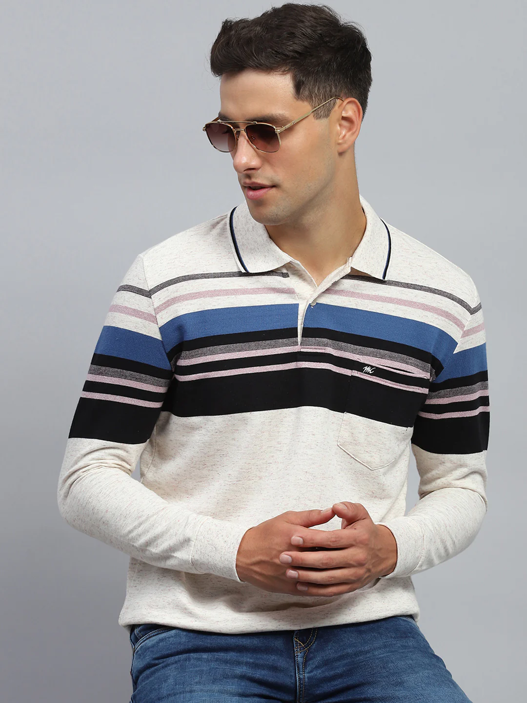 Men Black & White Stripe Collar Full Sleeve Winter T-Shirt - Image 6