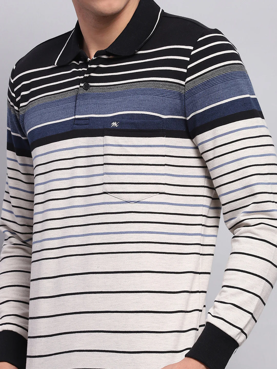 Men Black & White Stripe Collar Full Sleeve Winter T-Shirt - Image 6
