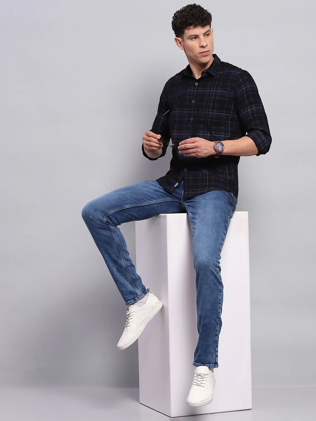 Men Blue & Black Check Collar Full Sleeve Shirt - Image 2