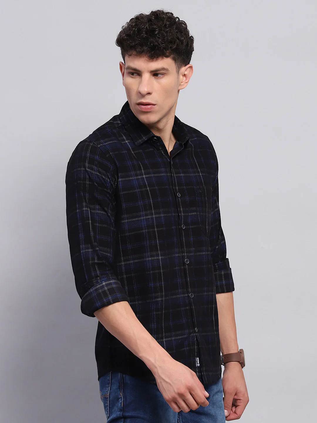 Men Blue & Black Check Collar Full Sleeve Shirt - Image 4