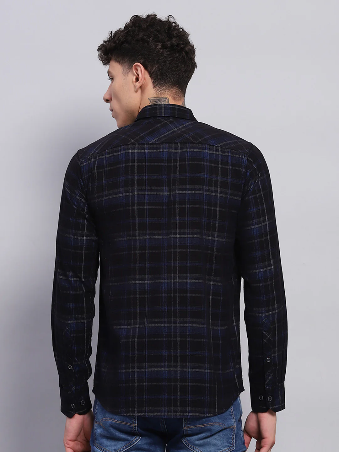 Men Blue & Black Check Collar Full Sleeve Shirt - Image 5