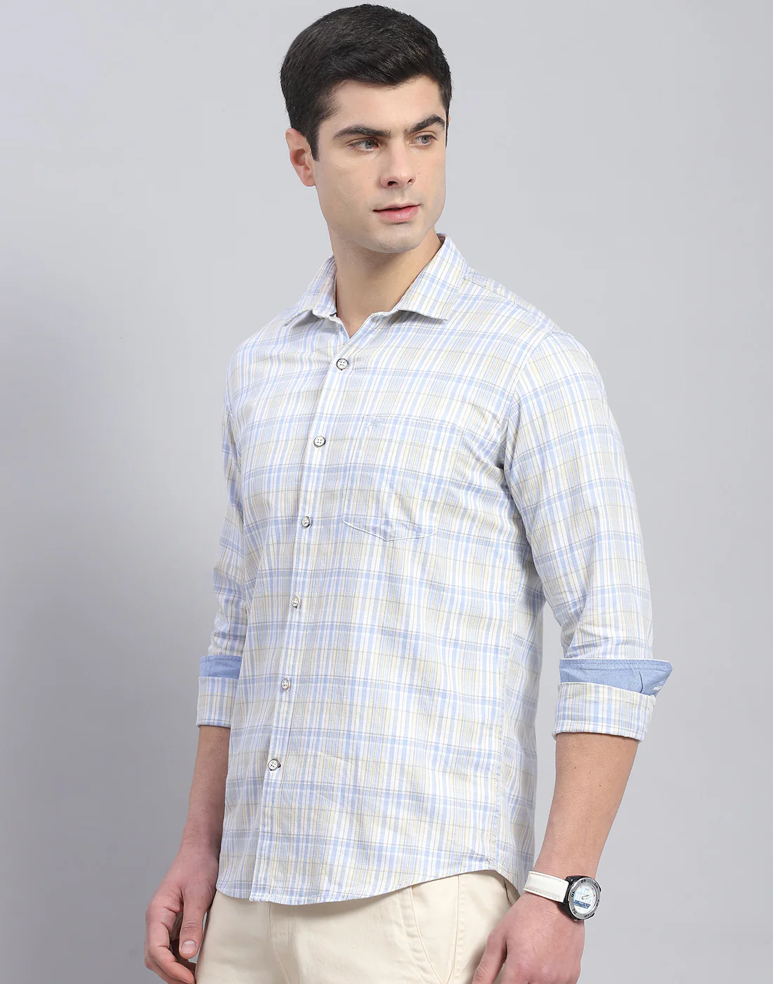 Men Blue Check Collar Full Sleeve Shirt - Image 4