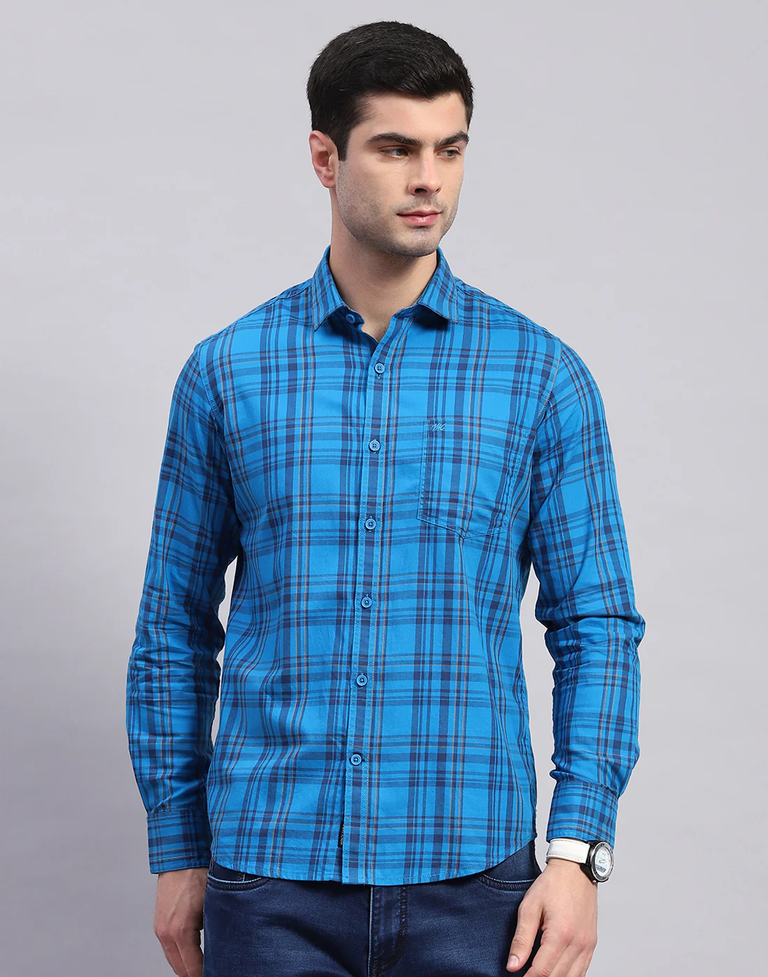 Men Blue Check Collar Full Sleeve Shirt - Image 3