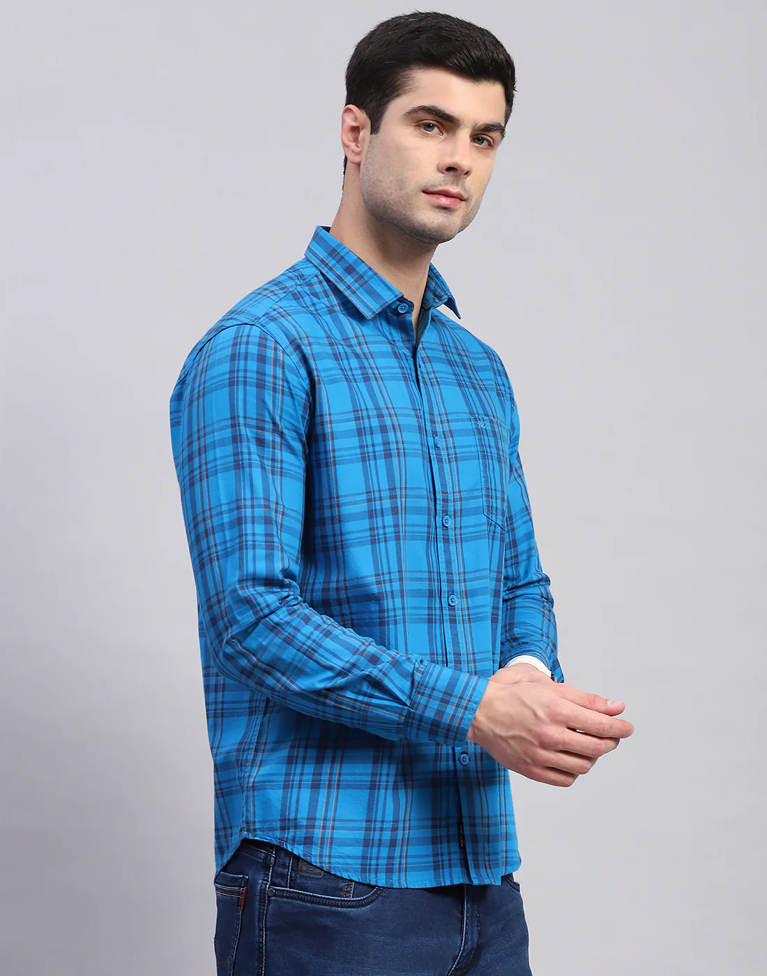 Men Blue Check Collar Full Sleeve Shirt - Image 5