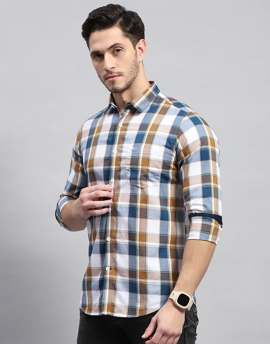 Men Blue Check Collar Full Sleeve Shirt - Image 3