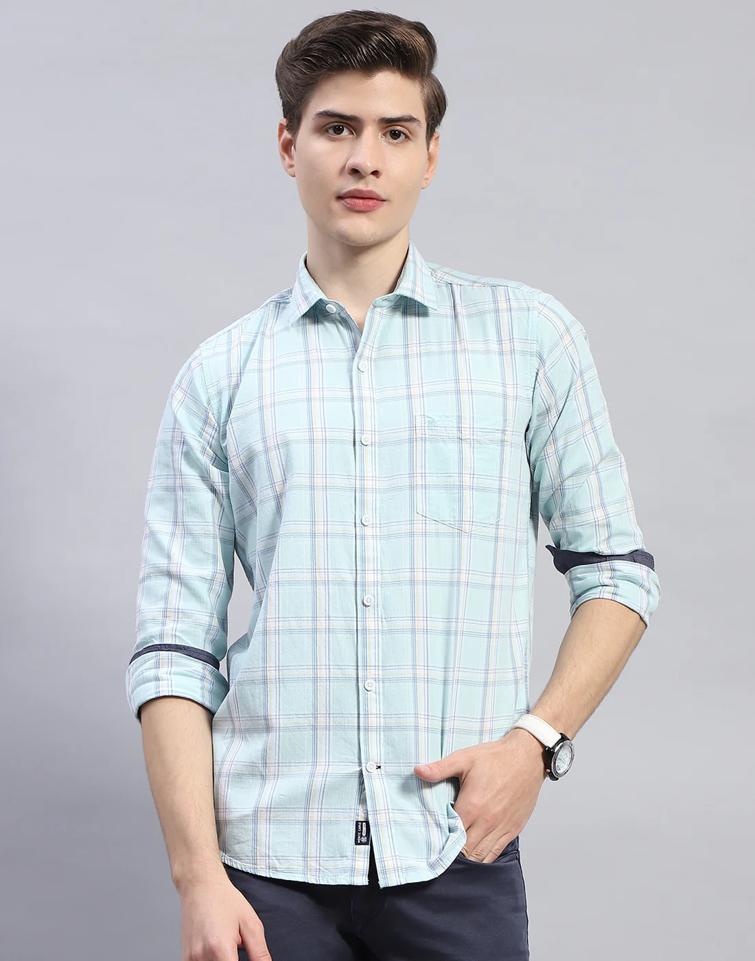 Men Blue Check Collar Full Sleeve Shirt - Image 3