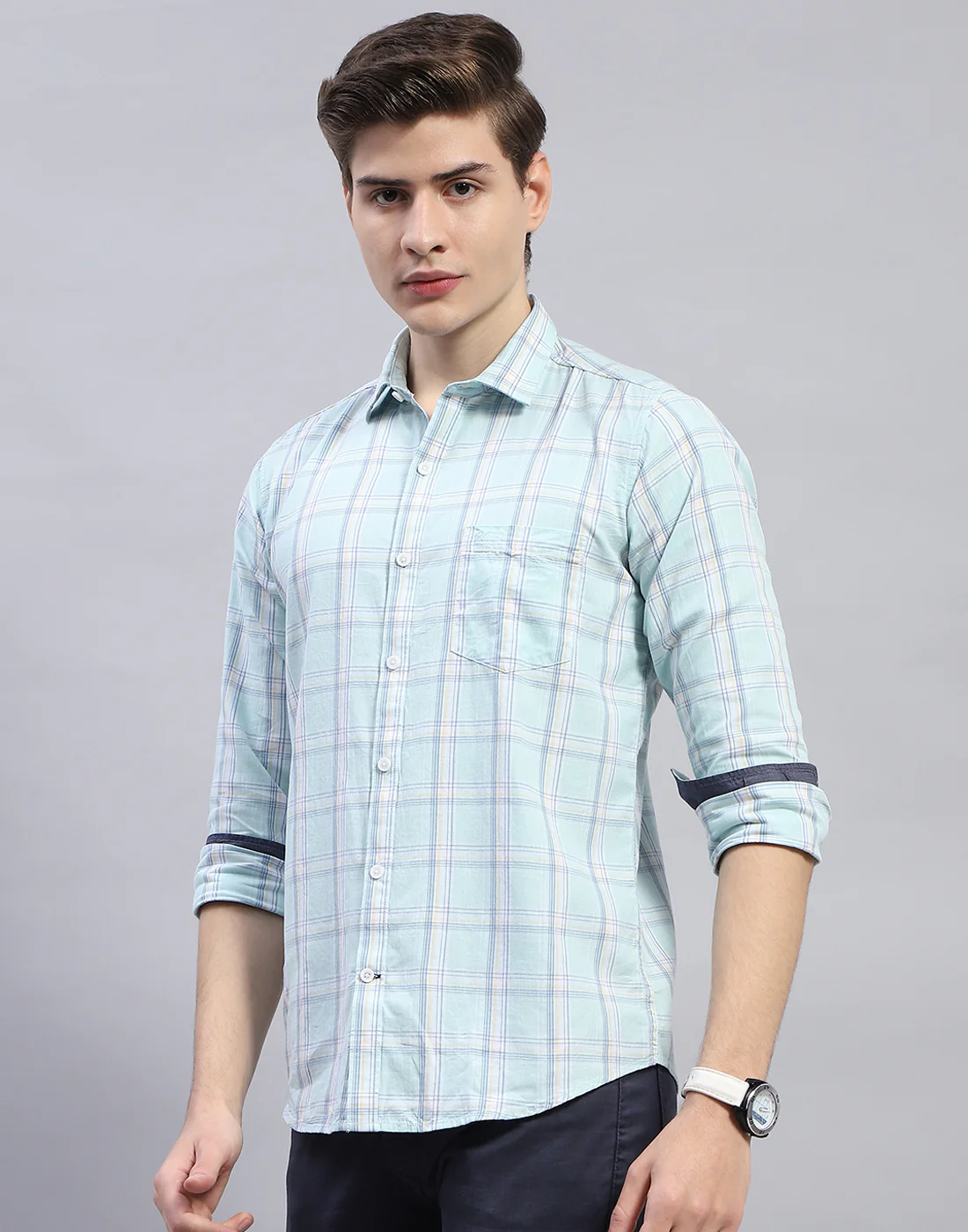 Men Blue Check Collar Full Sleeve Shirt - Image 4