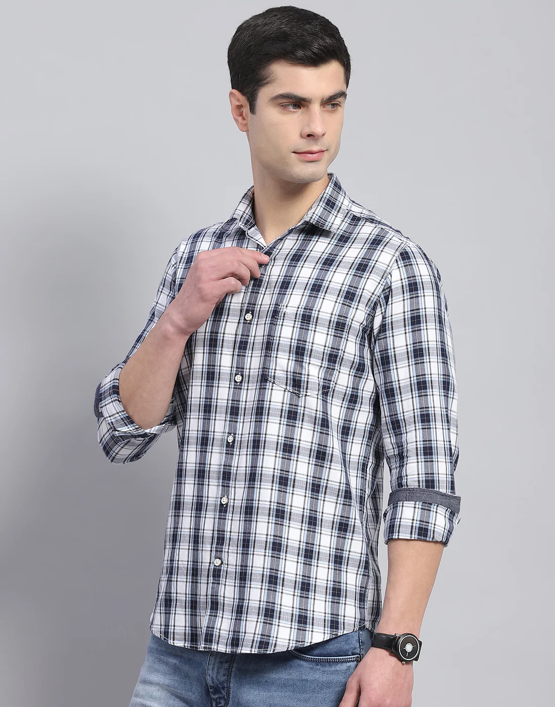Men Blue Check Collar Full Sleeve Shirt - Image 4
