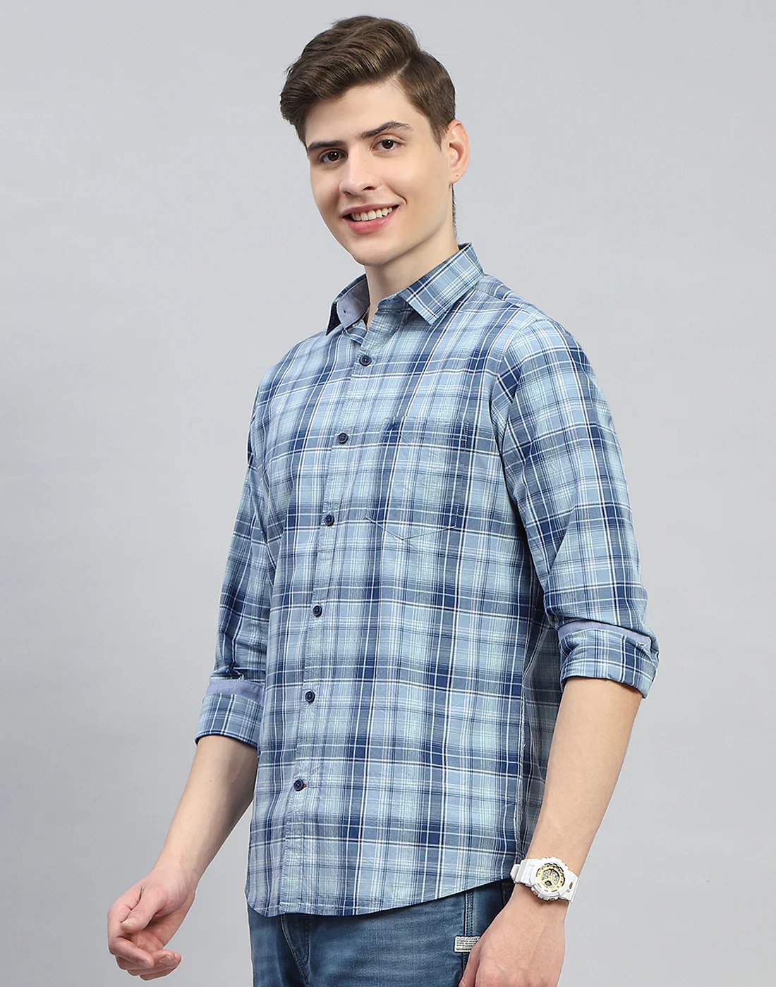 Men Blue Check Collar Full Sleeve Shirt - Image 3