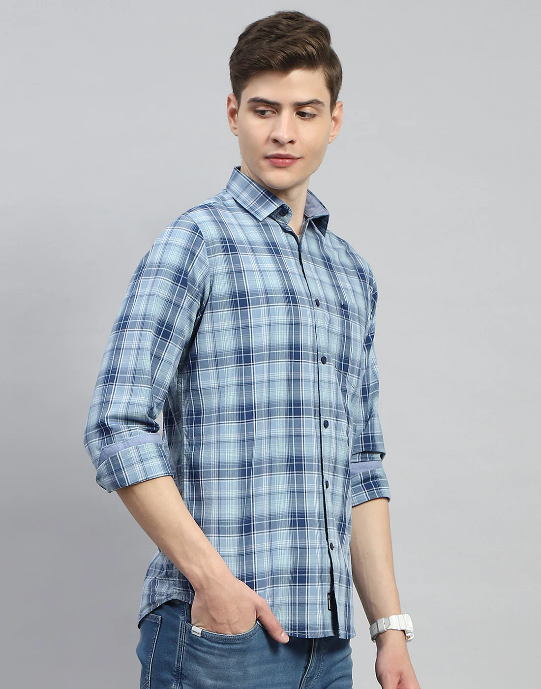 Men Blue Check Collar Full Sleeve Shirt - Image 4