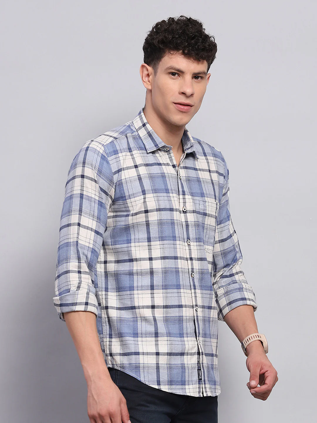 Men Blue Check Collar Full Sleeve Shirt - Image 4