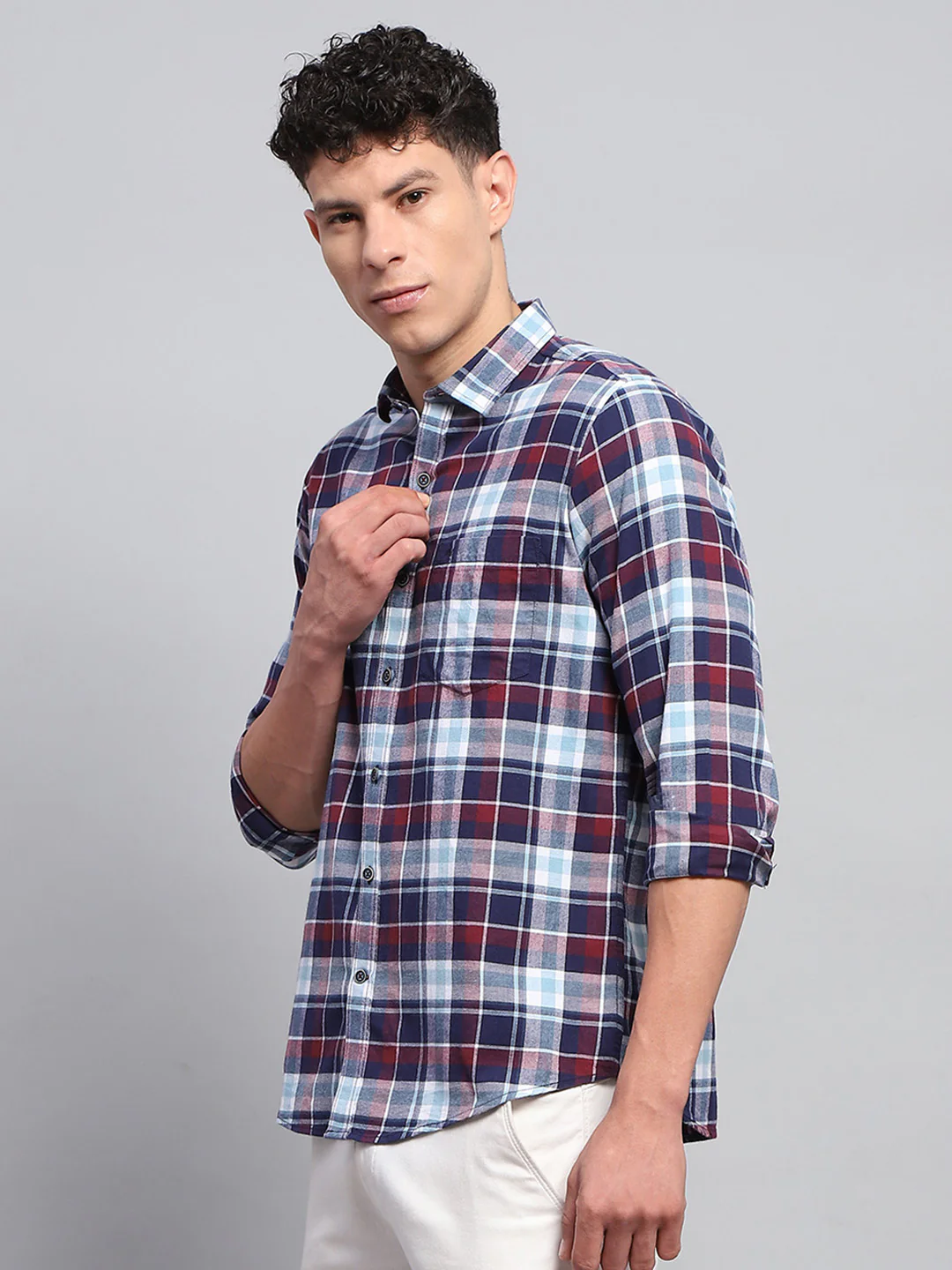 Men Blue Check Collar Full Sleeve Shirt - Image 3