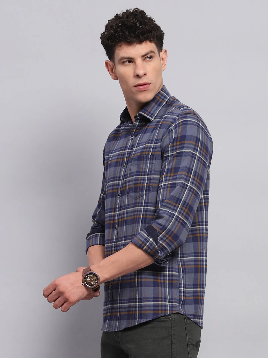 Men Blue Check Collar Full Sleeve Shirt - Image 3