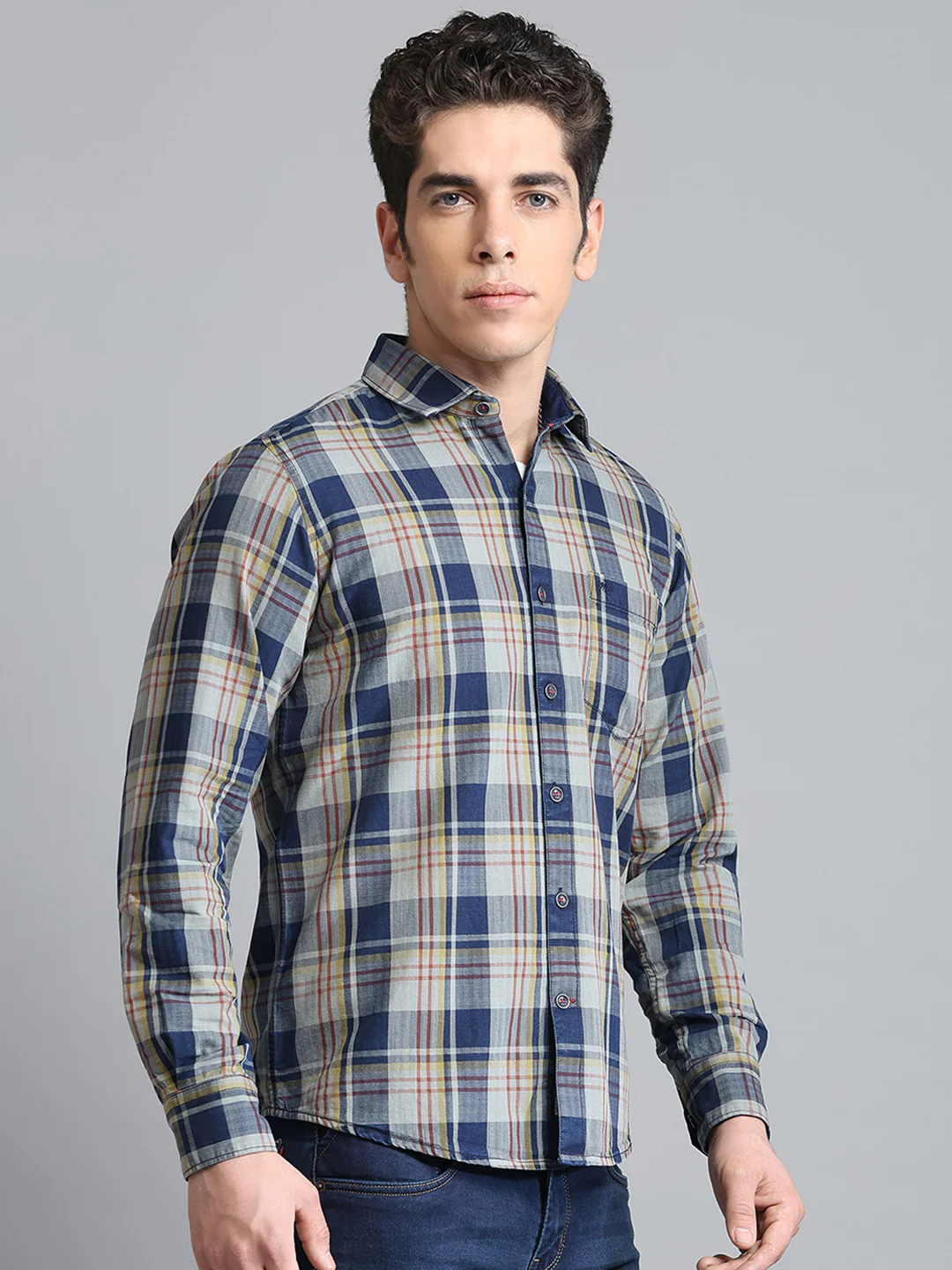 Men Blue Check Collar Full Sleeve Shirt - Image 4