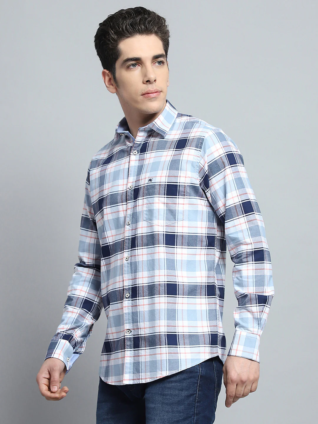 Men Blue Check Collar Full Sleeve Shirt - Image 3