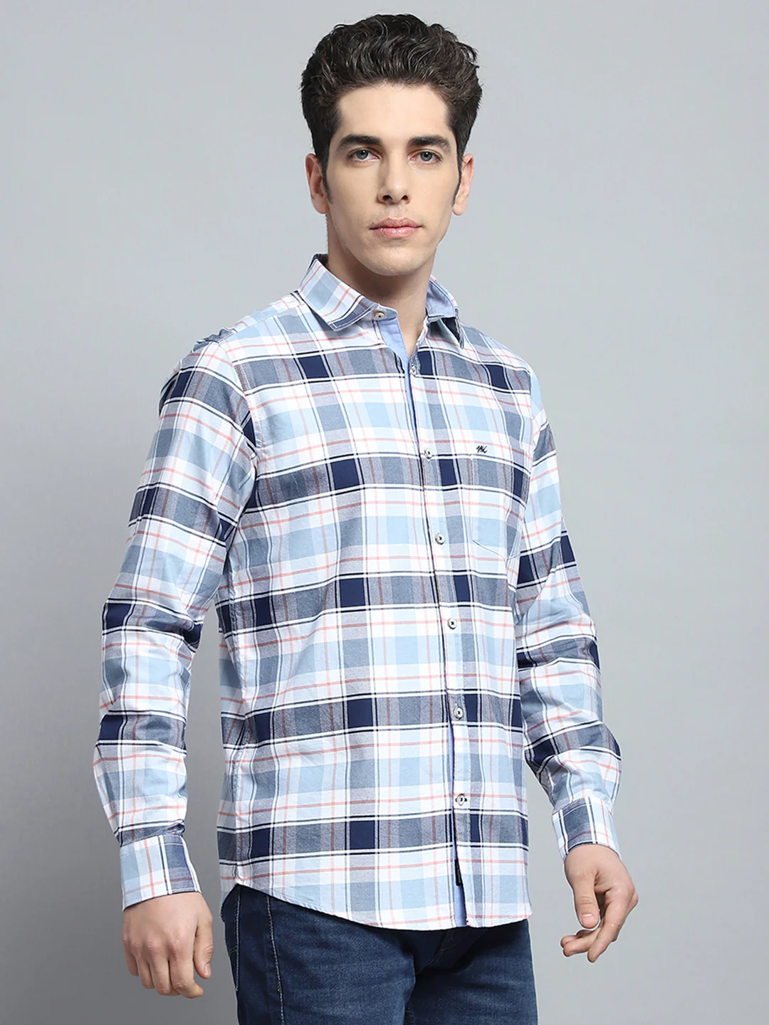 Men Blue Check Collar Full Sleeve Shirt - Image 4